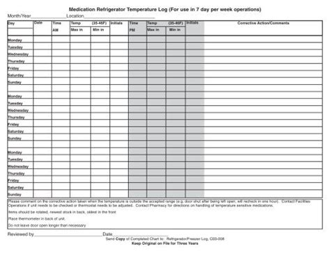 Medication Refrigerator Temperature Log For Use In 7 Day Per