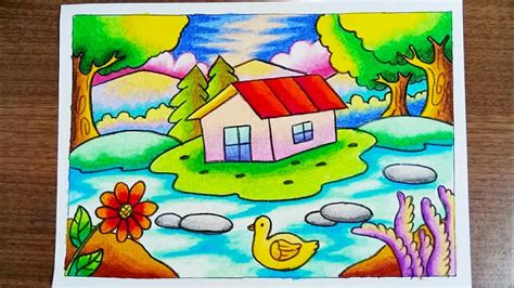 Menggambar Pemandangan Alam Rumah And Danau Dengan Gradasi Crayon Drawing Scenery Of House And Lake