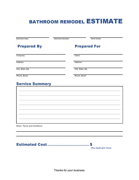 Bathroom Remodel Estimate Template Invoice Maker