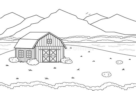 Black White Vector Outline Cartoon Summer Spring Landscape Countryside