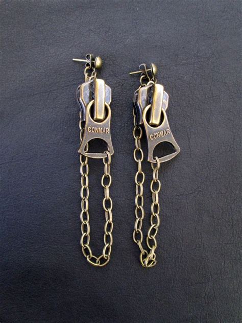 chunky zipper earrings antique brass tone recycled zippers etsy antique earrings zipper