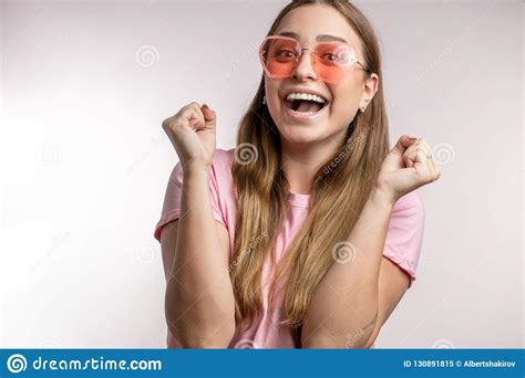 Lucky Glamour Woman Clenching Her Fists With Joy Stock Image Image Of Concept Expression