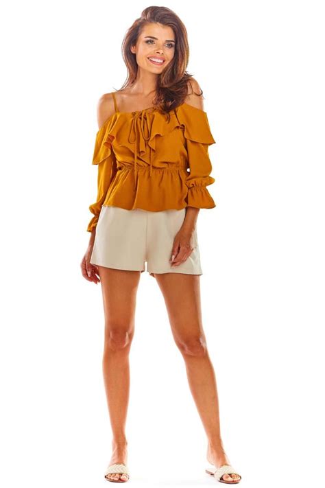 Camel Blouse with a Spanish 3/4 Sleeve Neckline