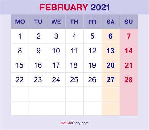 Blank February 2021 Calendar Transparent Print February 2021 Calendar