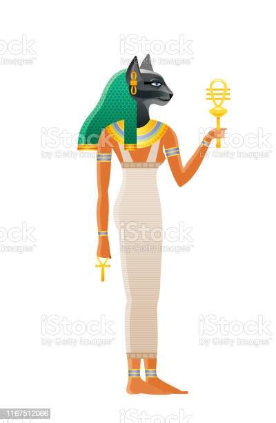 Altägyptische Göttin Bastet Deity Mit Katzenkopf 3d Cartoon Vektorillustration Alte Wandmalerei