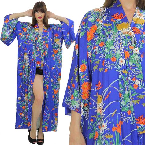 Kimono Robe Asian Floral Blue Robe Long Robe Silk Robe