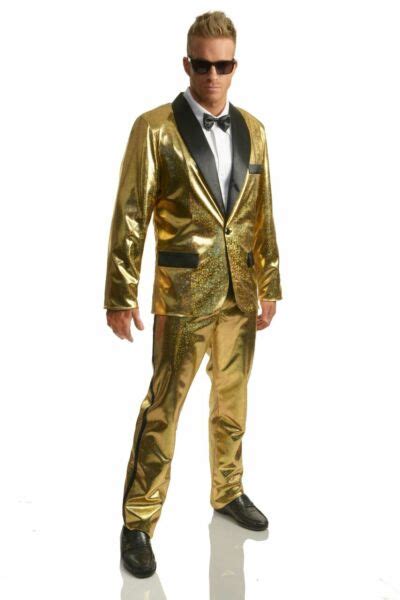 Mens Shiny Gold Rich Man Tux Tuxedo Holographic Jacket Costume Medium