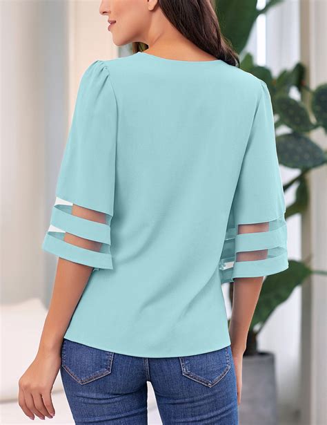 Lookbookstore Womens V Neck Shirt Printed Top 34 Bell Sleeve Mesh Pa