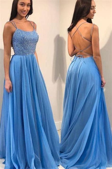 Blue Spaghetti Straps Backless Prom Dress With Sequins Backless Prom Dresses Formal Evening