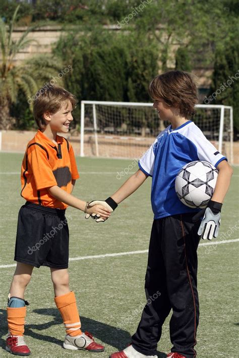 Kids Shaking Hands Before Football Or Soccer Match — Stock Photo