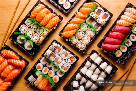 Top View Of Delicious Sushi Served On Table In Restaurant — Nigiri