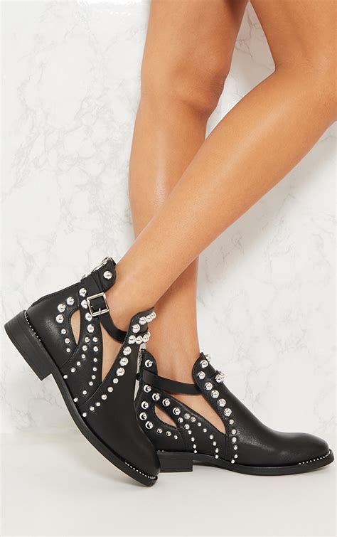 Black Pu Studded Ankle Boot Prettylittlething Usa
