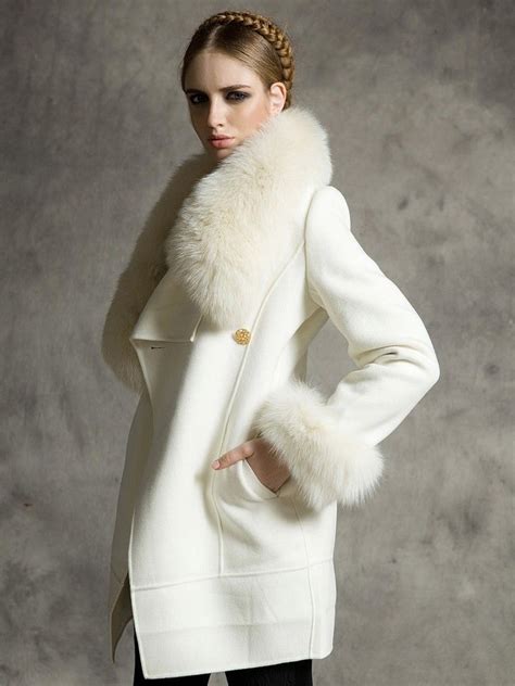 Withchic White Longline Wool Coat With Faux Fox Fur Collar And Cuffs