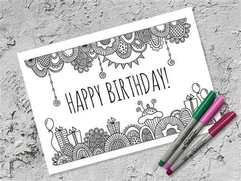 Happy Birthday Colouring Page And Folded Birthday Card Instant Digital