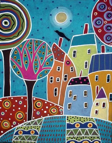 Village Houses Original Abstract Folk Art Acrylic And Oil Painting On