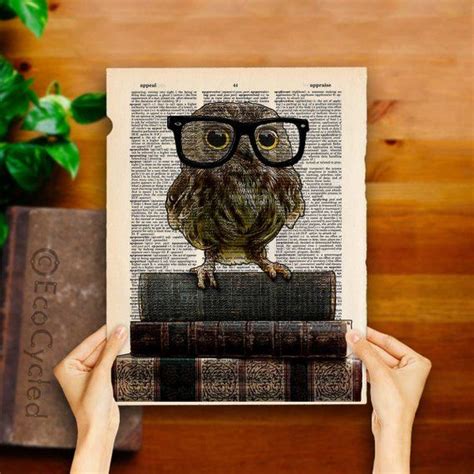 Adorable Nerdy Owl With Glasses On Books On Eco Friendly Etsy Art