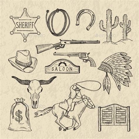 Monochrome Hand Drawn Illustrations Western Tattoos Cowboy Tattoos