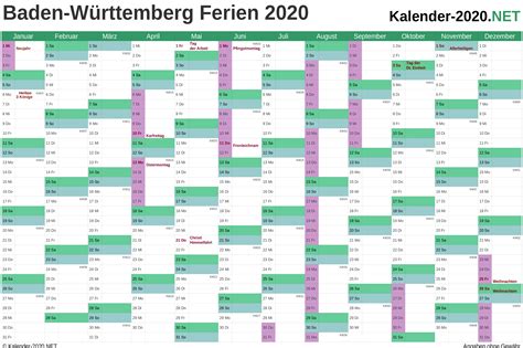Den schulen stehen noch vier bewegliche ferientage zur verfügung. Kalender 2020 Mit Feiertagen Und Ferien Baden Württemberg ...