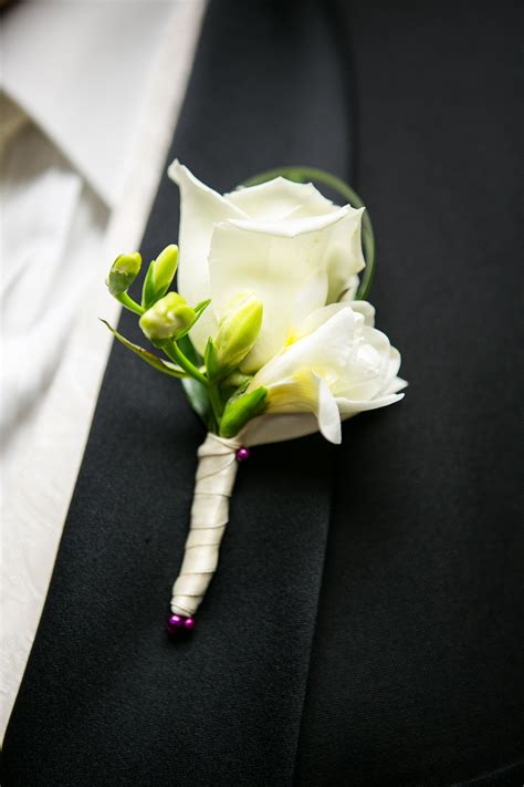 White Rose With White Freesia Boutonniere Simple And Sweet White