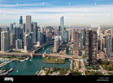 Aerial View Of Downtown Skyscrapers And Chicago River Usa Stock Photo