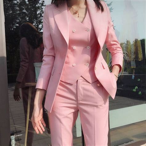 Pink Womens Formal Slim Fit 3 Pieces Suit Female Custom Made Office