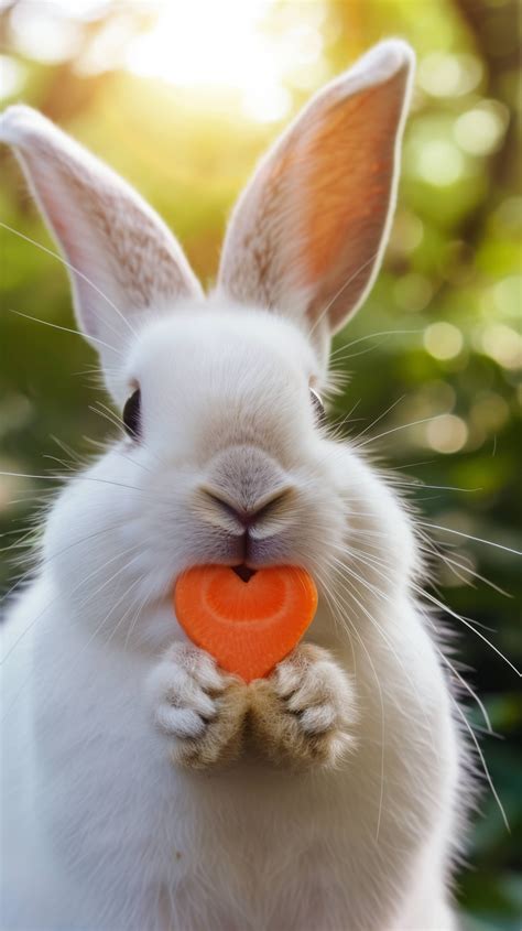 White Rabbit Eating Carrot Cute Bunny Outdoors Fluffy Rabbit Holding