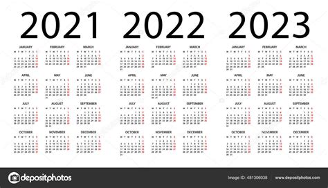 Kalender 2021 2022 2023 Jaar Vector Illustratie Week Begint Maandag