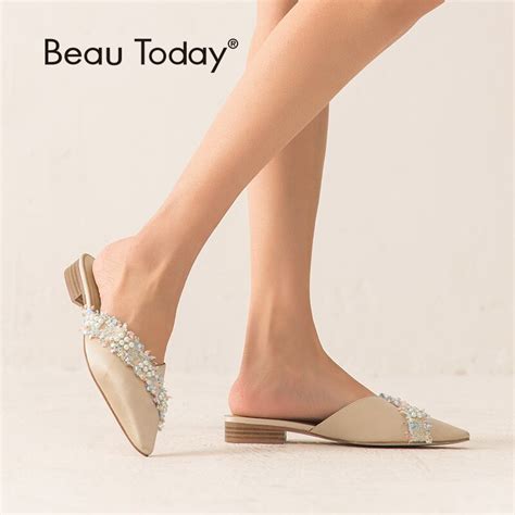 Beautoday Women Mules Satin Cloth Pointed Toe Beautiful String Bead