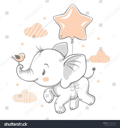 Vector Illustration Of A Cute Baby Elephant Flying With A