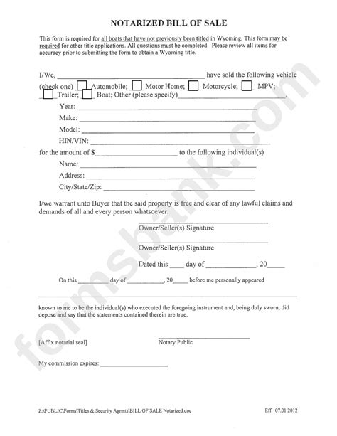 Fillable Notarized Bill Of Sale Printable Pdf Download