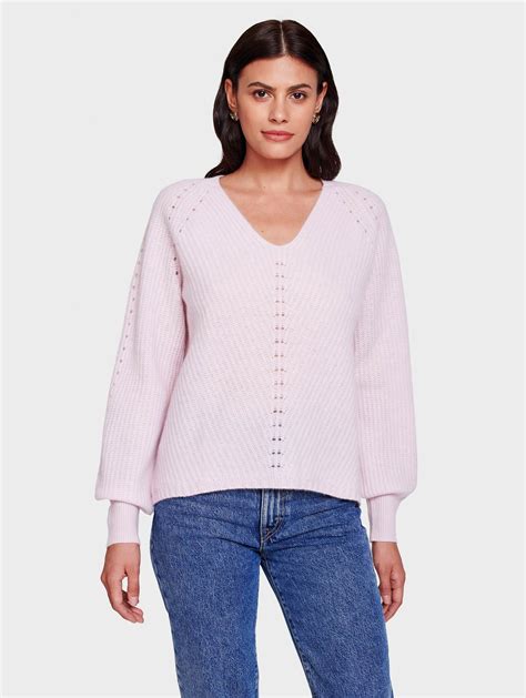 White Warren Cashmere Puff Sleeve V Neck Sweater In Bloom Pink