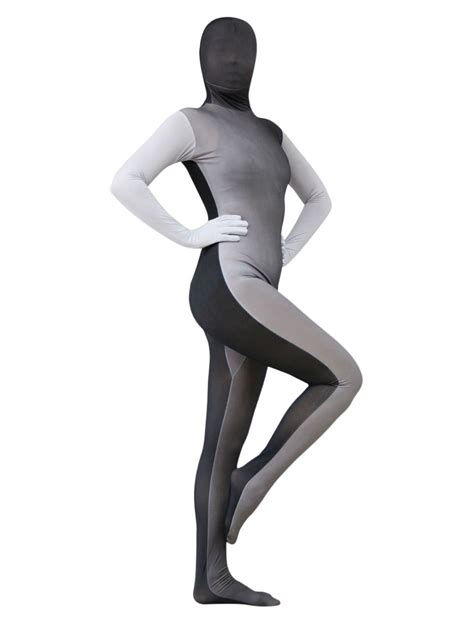 grey split color zentai suit full body lycra spandex bodysuit for women