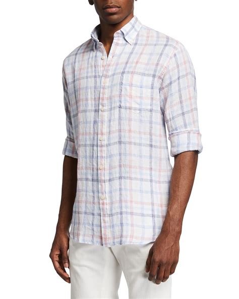 Peter Millar Mens Multicolor Plaid Linen Button Down Shirt Neiman Marcus
