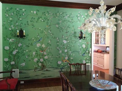 Chinoiserie Handpainted Wallpaper On Emerald Green Silk Custom Etsy