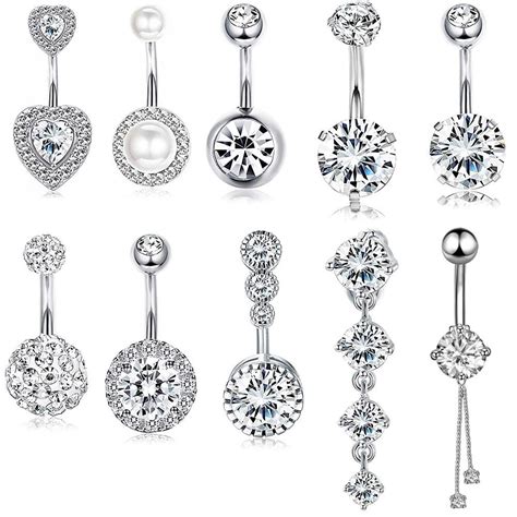 10 Styles Dangling Navel Belly Button Ring 14g Double Round Cubic Zirconia 316l Surgical Steel