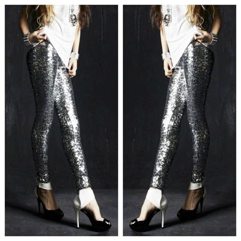 Silver Stretch Sequin Leggings Large Sequin Leggings Fashion Outfits