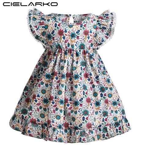 Cielarko Floral Print Baby Girls Dress Flying Sleeve Kids Cotton