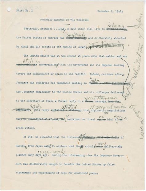 Fdrs First Draft Of His “day Of Infamy” Pearl Harbor Speech With His