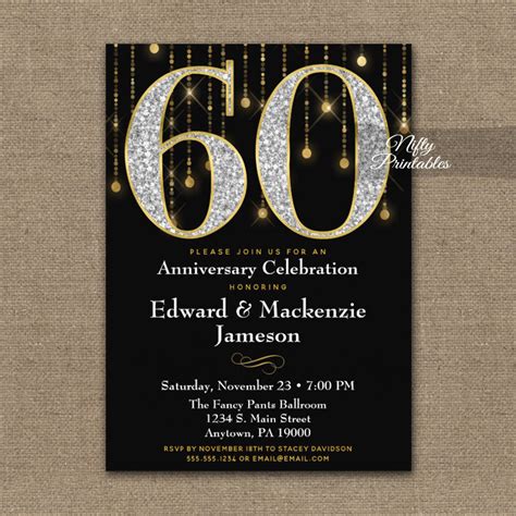 60th Anniversary Invitations Black Gold Diamonds Nifty Printables