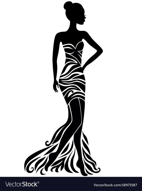 Vector Silhouette Of Young Woman In Elegant Dress With Floral Ornament