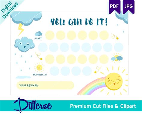 Printable Reward Chart For Kids With A Sunshine Rainbow And Clouds