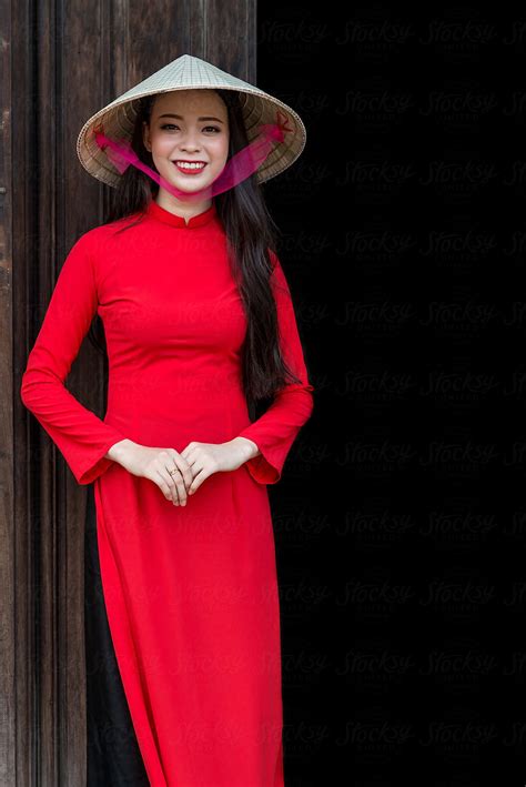 Vietnamese Woman In Red Ao Dai Traditional Costume And Conical Hat By Sexiezpix Web Porn