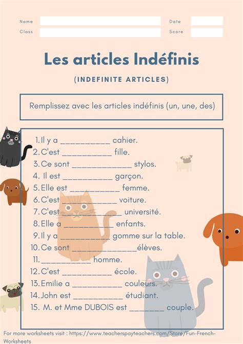 Les Articles Indéfinis French Worksheets Basic French Words French