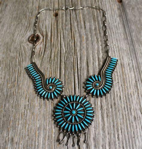 Vintage Zuni Native American Sterling Silver Needlepoint Turquoise Necklace Silver Turquoise