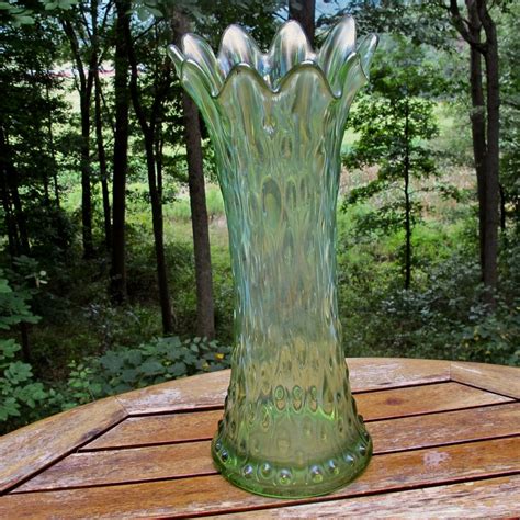 Antique Northwood Lime Green Mid Size Tree Trunk Carnival Glass Vase Carnival Glass