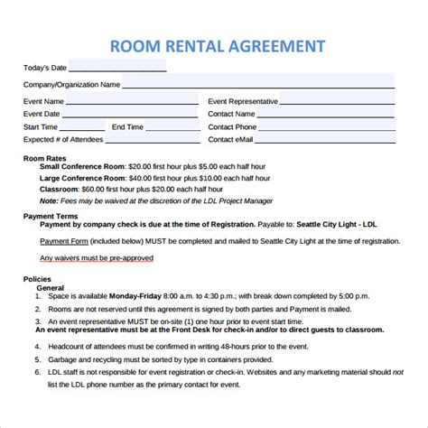 Free Room Rental Agreement Template Word Doc