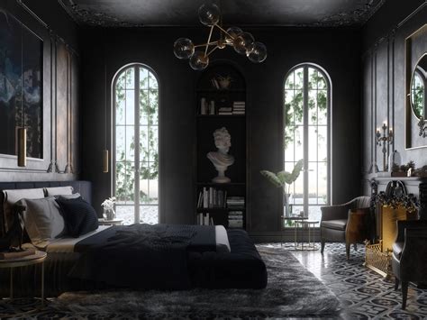 An Elegant Bedroom With Black Walls And Flooring Is Pictured In This