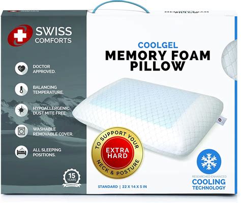 Swiss Comforts Memory Foam Pillows Cooling Gel Extra Hard Flat