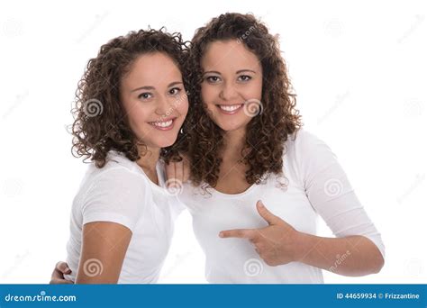 Portrait Of Real Twin Sisters Isolated Over White Stock Photo Image