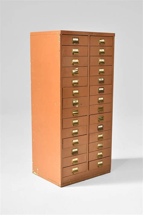 Light Brown Painted Metal 28 Drawer Index Card Filing Cabinet With